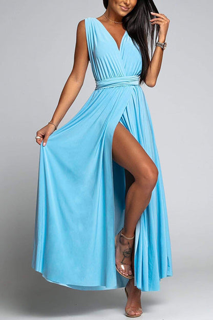 V Neck Sleeveless Back Criss Cross High Slit Maxi Party Dress
