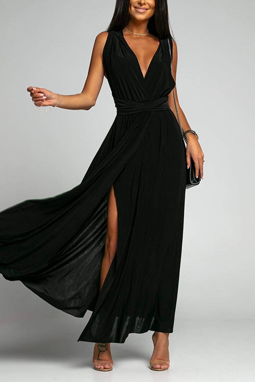 V Neck Sleeveless Back Criss Cross High Slit Maxi Party Dress