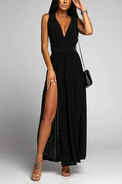 V Neck Sleeveless Back Criss Cross High Slit Maxi Party Dress