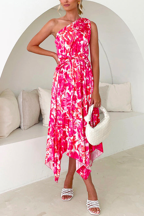 One Shoulder Sleeveless Twist Front Floral Pleated Dress