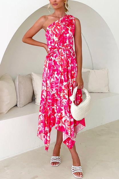 One Shoulder Sleeveless Twist Front Floral Pleated Dress