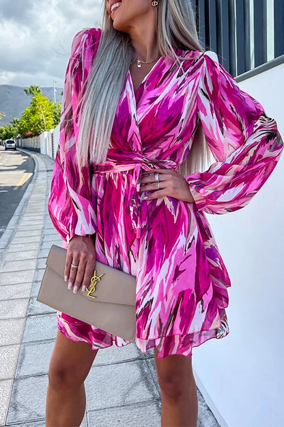 Wrap V Neck Waisted Ruffle Layered Printed Dress