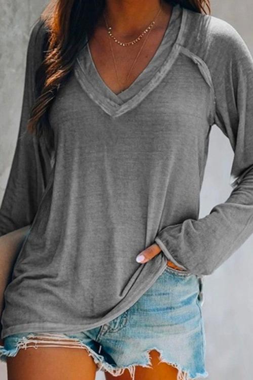 V Neck Long Sleeves Solid T Shirt