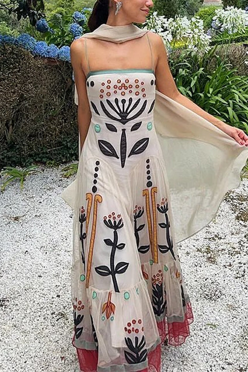 Spaghetti Strap Printed Chiffon Ruffle Maxi Dress