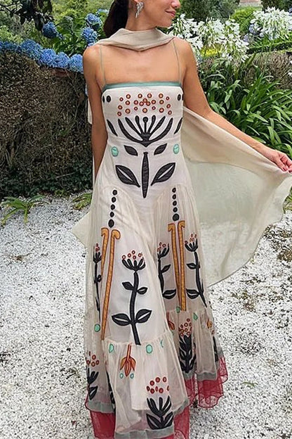 Spaghetti Strap Printed Chiffon Ruffle Maxi Dress