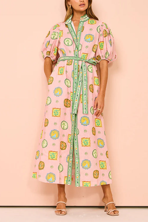 Lantern Sleeves Button Down Tie Waist Printed Midi Shirt Dress
