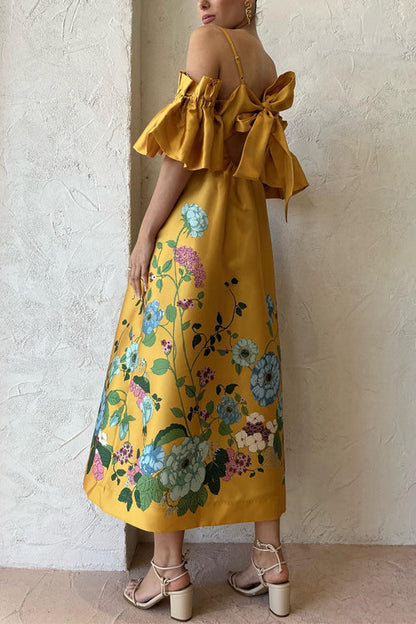 Cold Shoulder Ruffle Sleeves Bow Knot Back Floral Maxi Dress