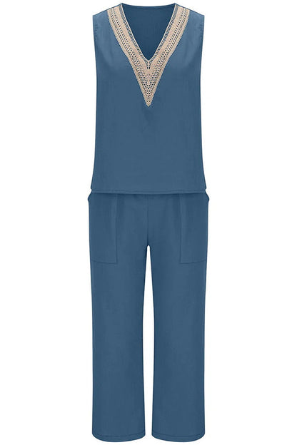 Mchoice Women's Summer Outfits Fashion V-neck Solid Color Sleeveless Tops and Loose Pocket Pants Suit