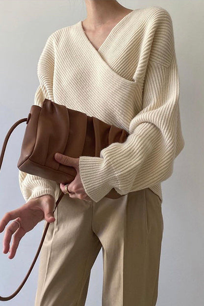 V Neck Batwing Sleeves Cross Front Sweater