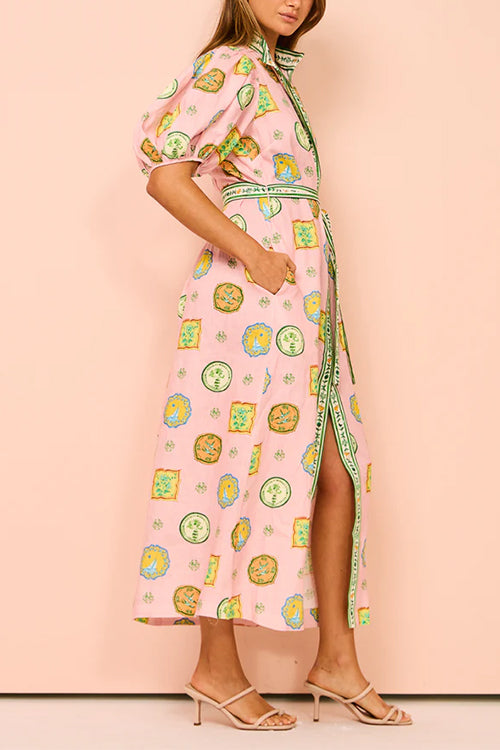 Lantern Sleeves Button Down Tie Waist Printed Midi Shirt Dress