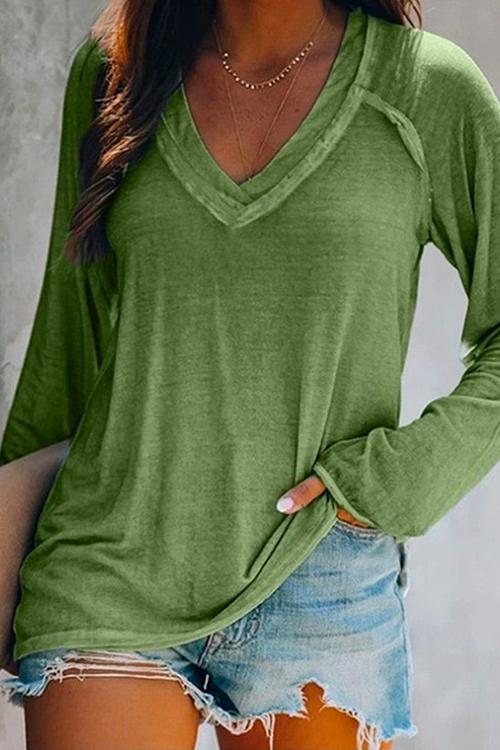 V Neck Long Sleeves Solid T Shirt
