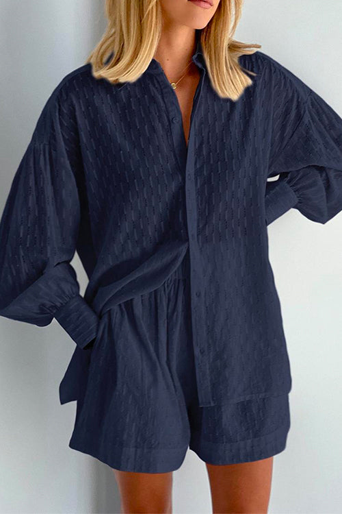 Bubble Long Sleeve Blouse Shirt Wide Leg Shorts Set