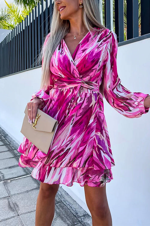 Wrap V Neck Waisted Ruffle Layered Printed Dress
