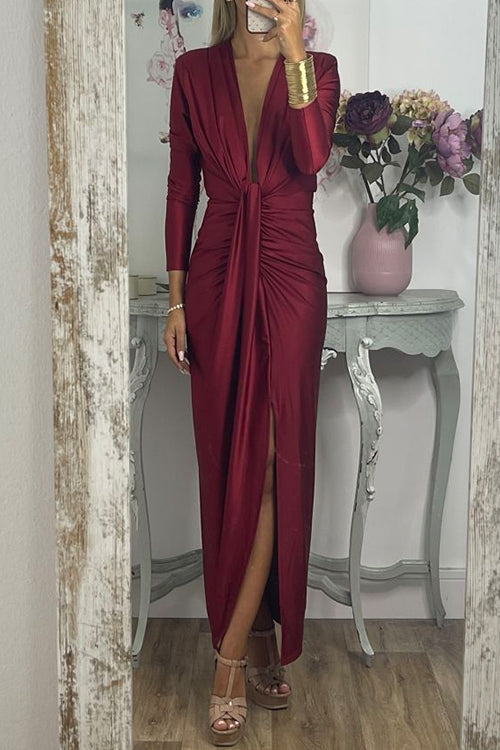 Deep V Neck Ruched Slit Maxi Bodycon Dress