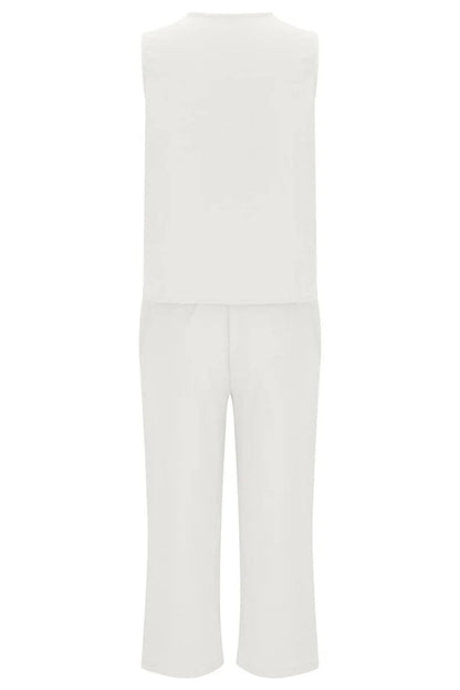 Mchoice Women's Summer Outfits Fashion V-neck Solid Color Sleeveless Tops and Loose Pocket Pants Suit