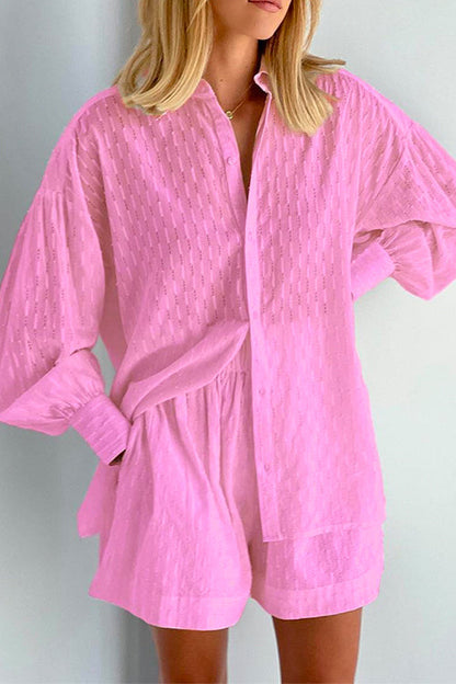 Bubble Long Sleeve Blouse Shirt Wide Leg Shorts Set