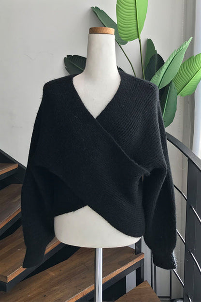 V Neck Batwing Sleeves Cross Front Sweater