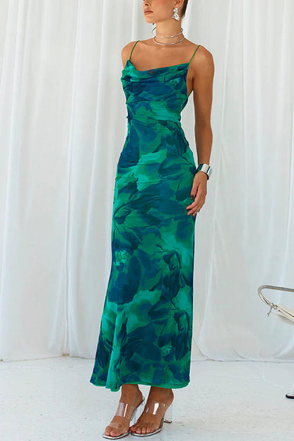 Cowl Neck Backless Printed Cami Maxi bodycon Dress