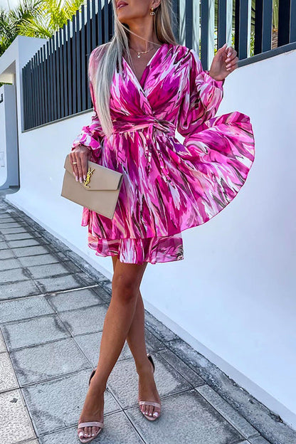 Wrap V Neck Waisted Ruffle Layered Printed Dress
