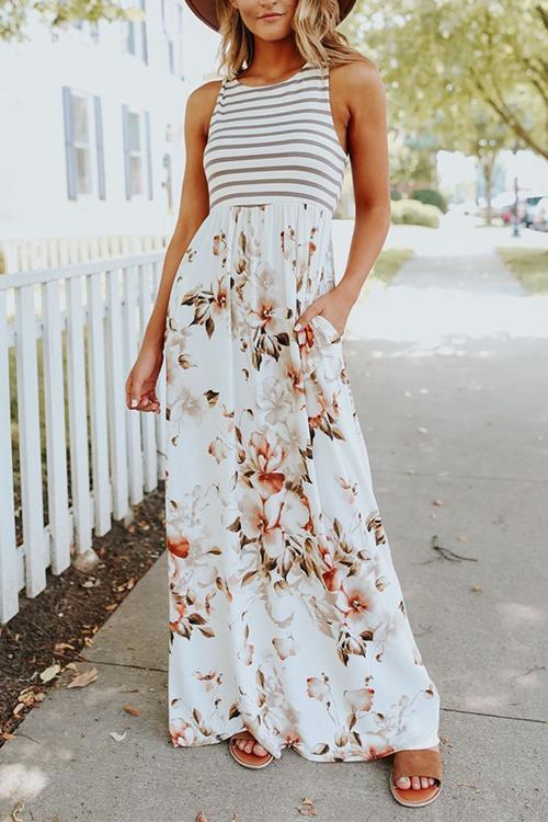 Striped Floral Splice Sleeveless Maxi Dress