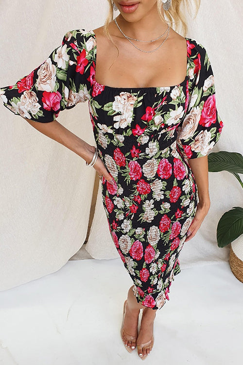 Square Neck Smocked Floral Print Midi Bodycon Dress