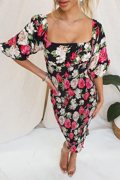 Square Neck Smocked Floral Print Midi Bodycon Dress