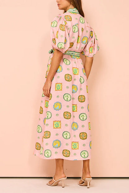 Lantern Sleeves Button Down Tie Waist Printed Midi Shirt Dress