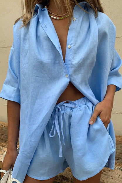 Half Sleeve Button Down Top and Tie Waist Shorts Solid Set