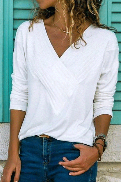 V-neck Long Sleeve Solid Basic Shirts