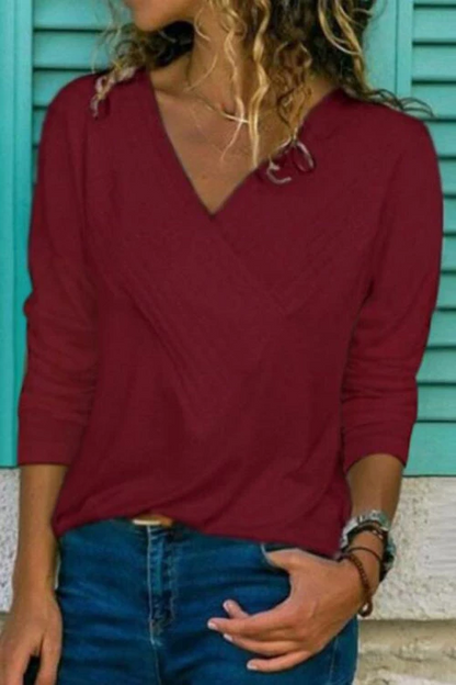 V-neck Long Sleeve Solid Basic Shirts
