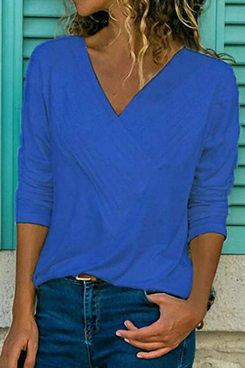 V-neck Long Sleeve Solid Basic Shirts