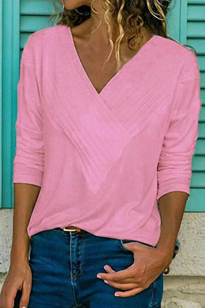 V-neck Long Sleeve Solid Basic Shirts