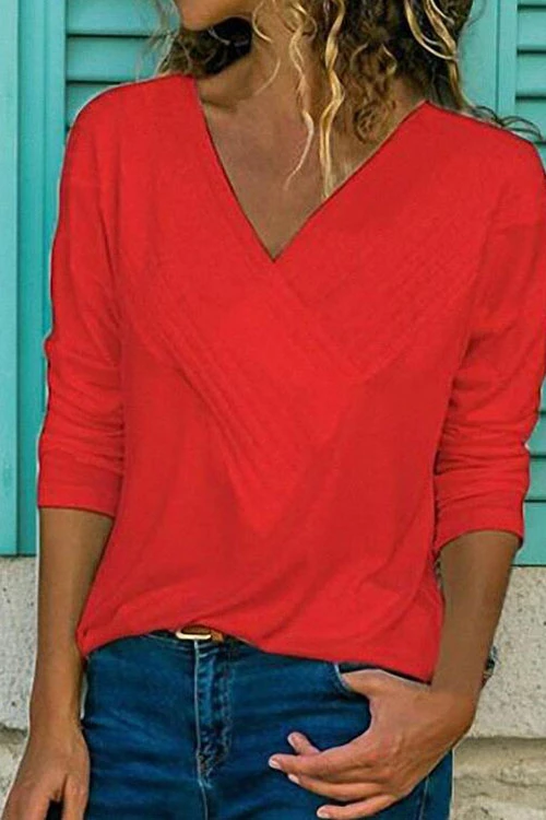 V-neck Long Sleeve Solid Basic Shirts