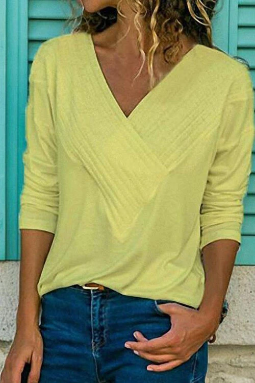 V-neck Long Sleeve Solid Basic Shirts