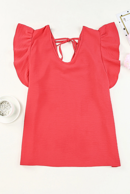 Solid V Neck Ruffle Sleeve Loose Top