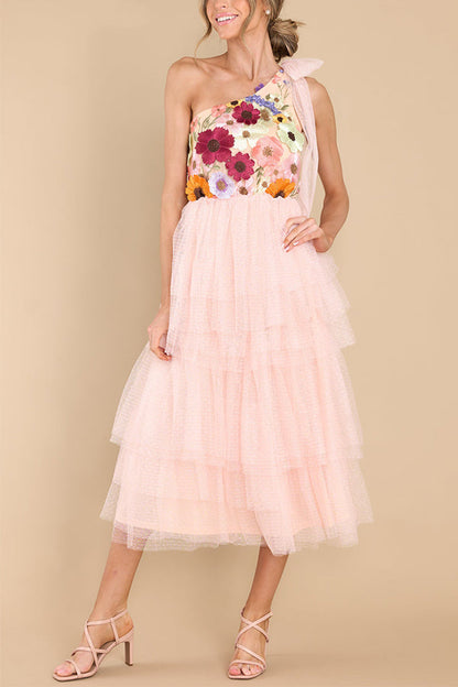Midnight Garden Embroidered Floral Applique One Shoulder Tiered Tulle Midi Dress